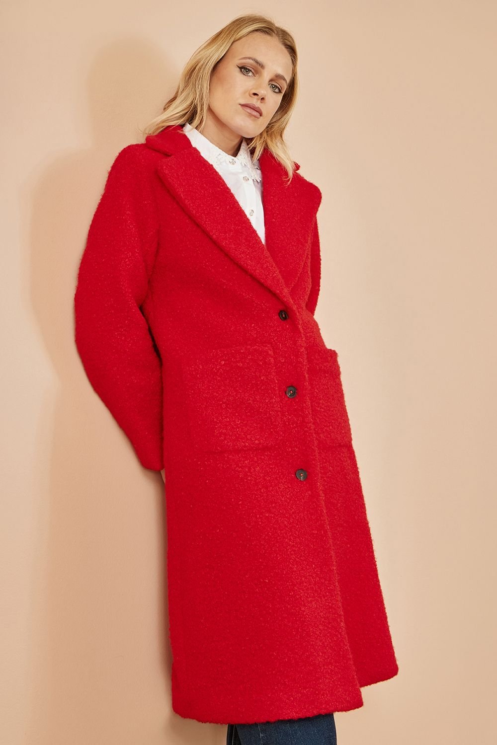Yumi Yumi Women's Red Boucle Long Line Coat - 3
