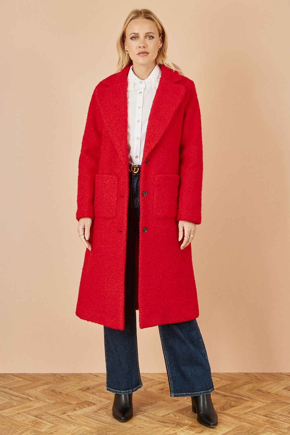 Yumi Yumi Women's Red Boucle Long Line Coat - 4
