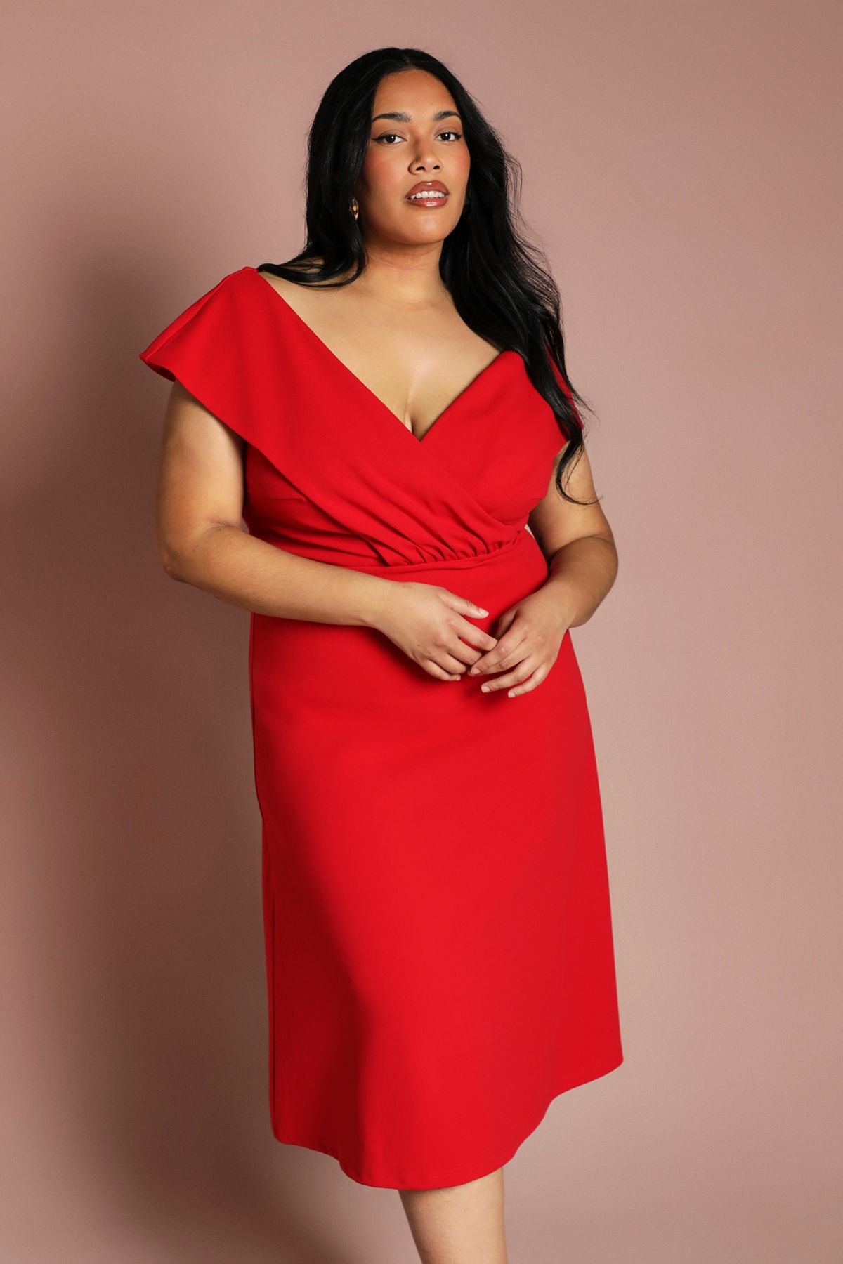 Coast Coast Women's Plus Plain Bardot Midi Dress in Red - 4