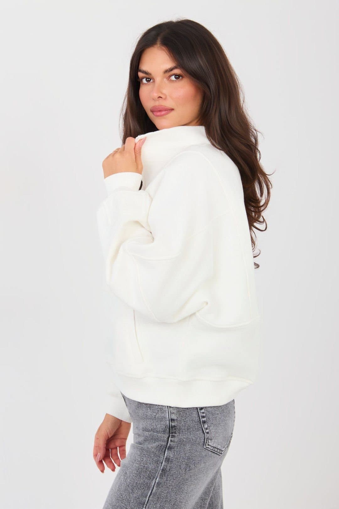 Love Lace Love Lace Women's Cotton Blend Half Zip Sweatshirt with Pockets in Off-White
