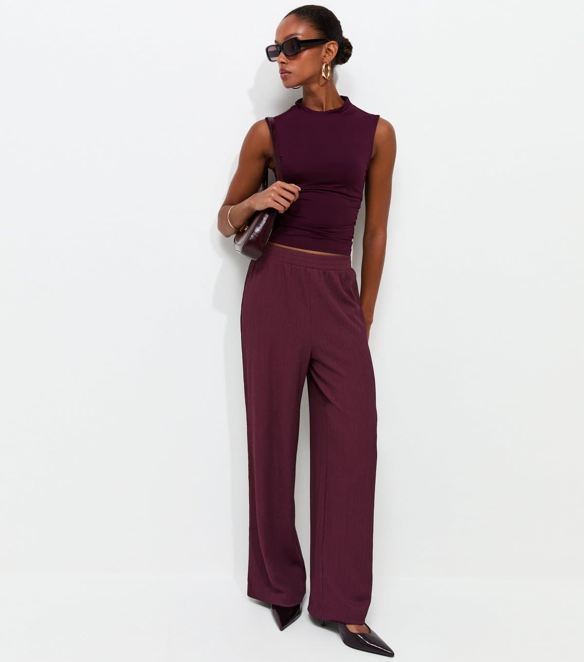 New Look Women's Dark Burgundy Crinkled Jersey Wide Leg Trousers New Look