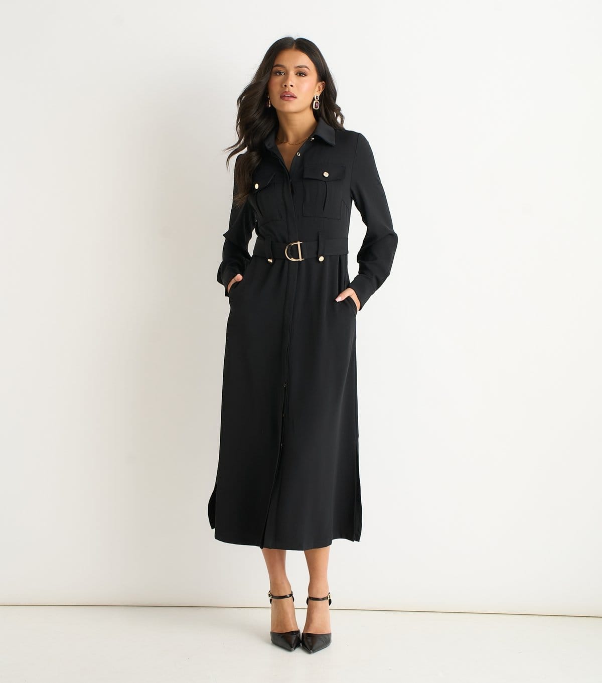 Gini London Black Gold Button Shirt Dress