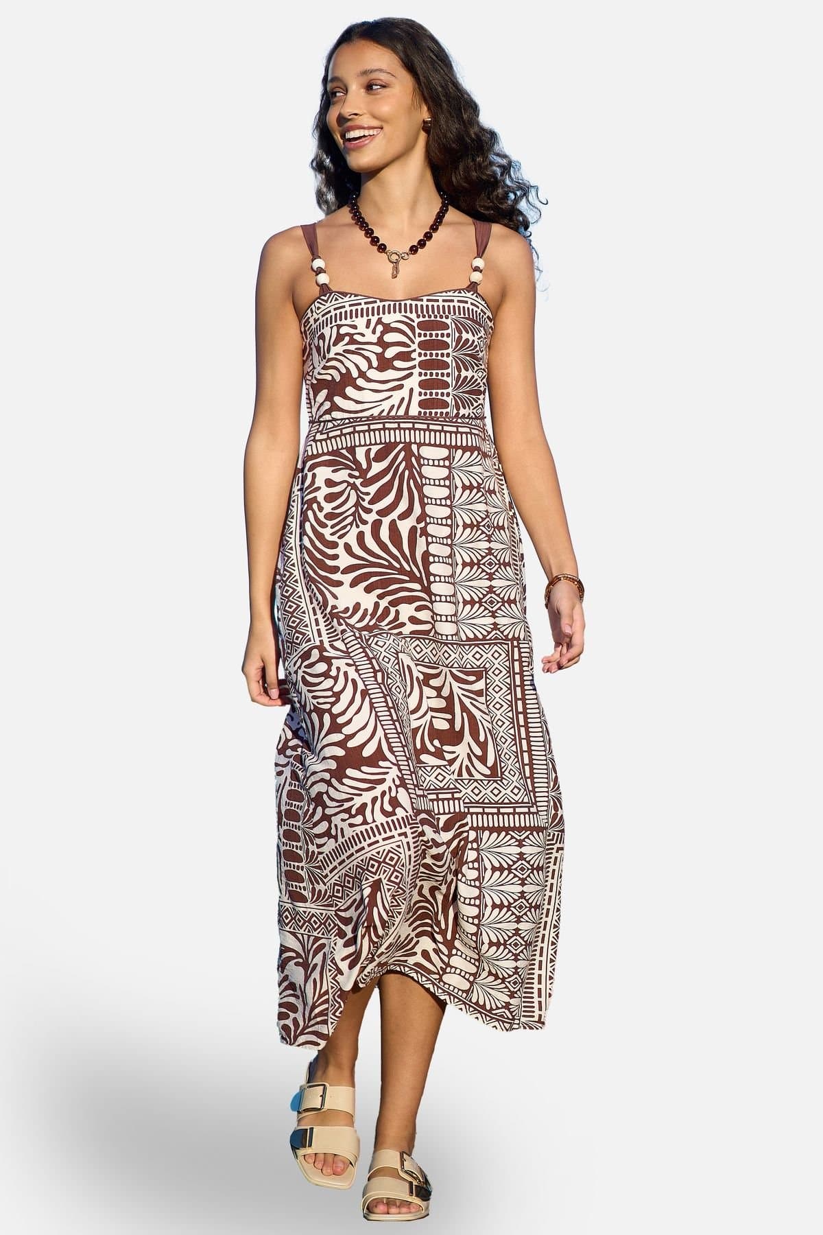 Yumi Yumi Women's Brown Tile Print Maxi Dress With Bead Details in Chocolate