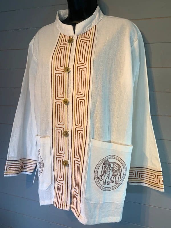 Vintage Dressing White Cotton Elephant Embroidered Jacket Top