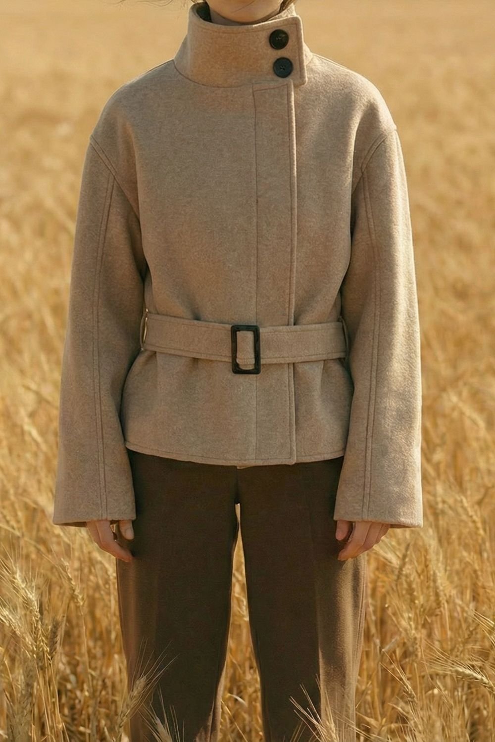 OUTTA BOX OUTTA BOX Women's Belted Stand Collar Long Sleeve Wool Blend Coat in Camel - 4