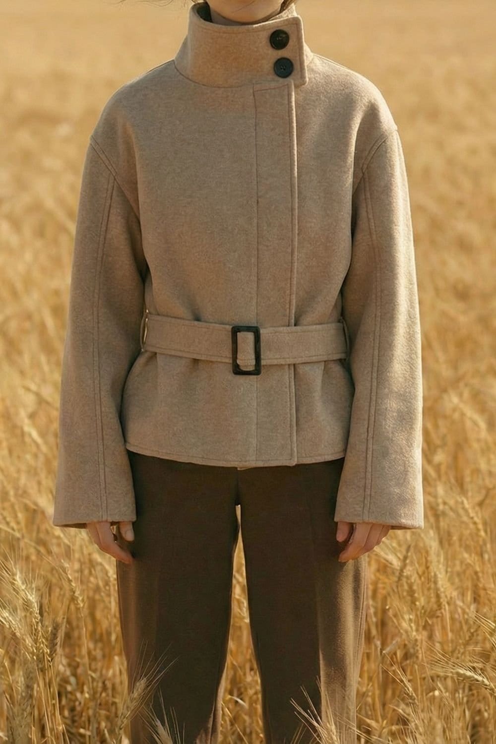 OUTTA BOX OUTTA BOX Women's Belted Stand Collar Long Sleeve Wool Blend Coat in Camel - 4