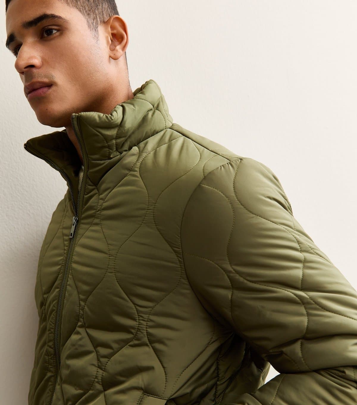 New Look Men's Light Khaki Regular Fit Funnel Neck Quilted Puffer Jacket New Look