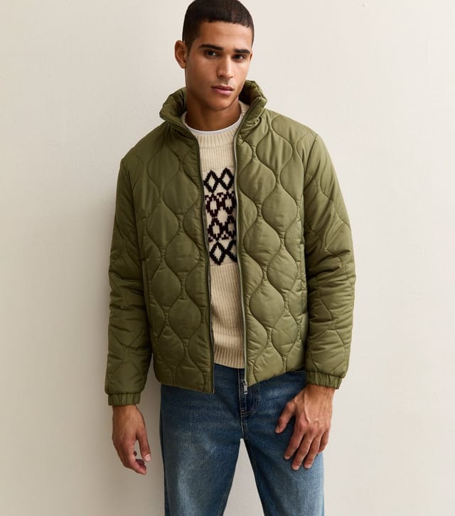 New Look Men's Light Khaki Regular Fit Funnel Neck Quilted Puffer Jacket New Look - 2