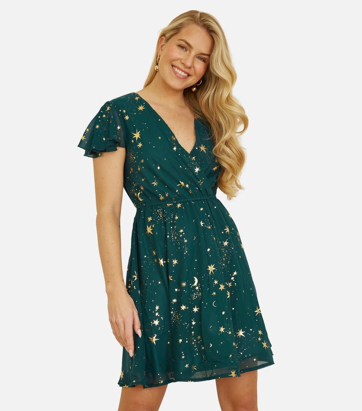 Yumi Women's Green Foil Star Wrap Dress Yumi New Look