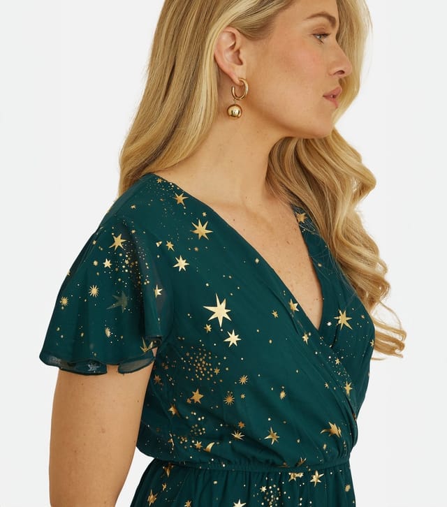 Yumi Women's Green Foil Star Wrap Dress Yumi New Look - 3