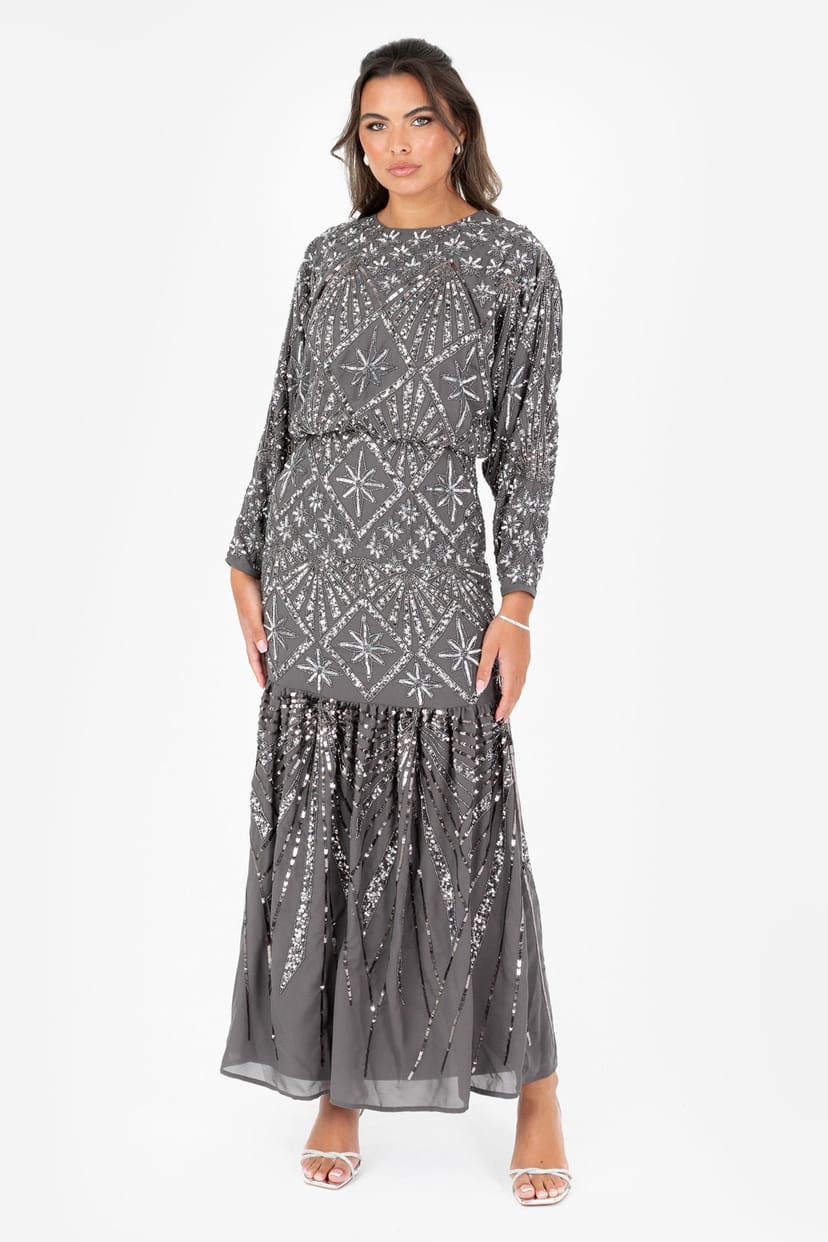 Maya Deluxe Maya Deluxe Women's Fully Embellished Long Sleeve Maxi Dress in Grey - 1