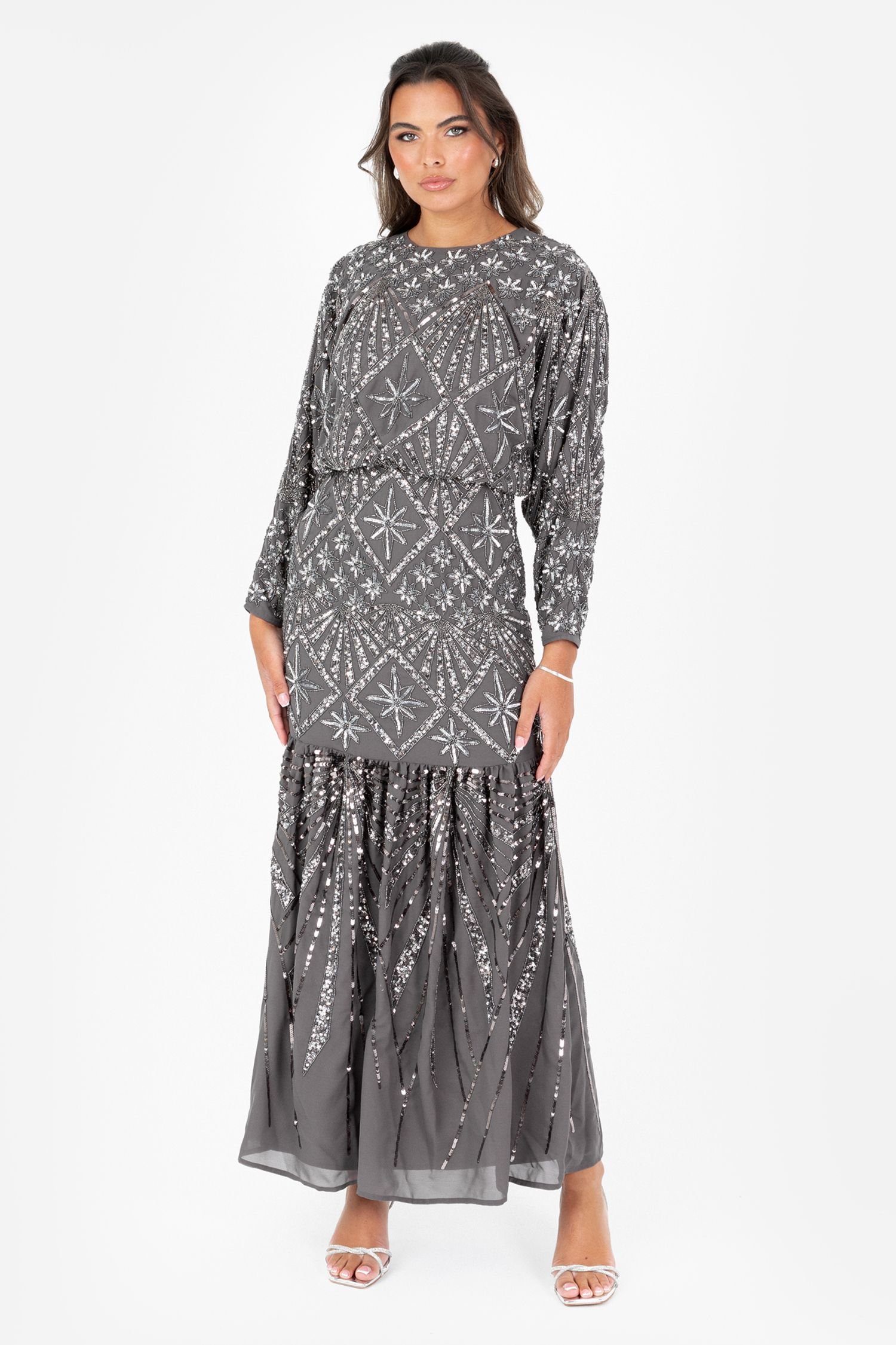 Maya Deluxe Maya Deluxe Women's Fully Embellished Long Sleeve Maxi Dress in Grey - 2