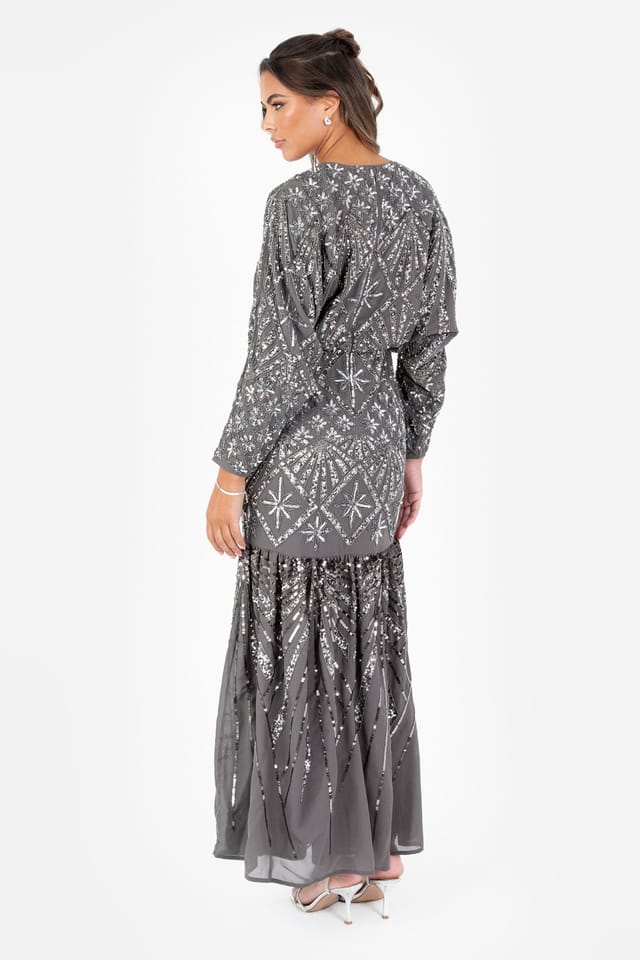 Maya Deluxe Maya Deluxe Women's Fully Embellished Long Sleeve Maxi Dress in Grey - 2