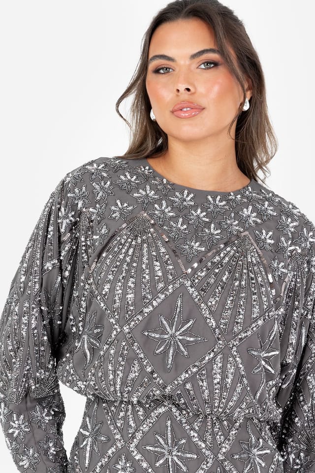Maya Deluxe Maya Deluxe Women's Fully Embellished Long Sleeve Maxi Dress in Grey - 3