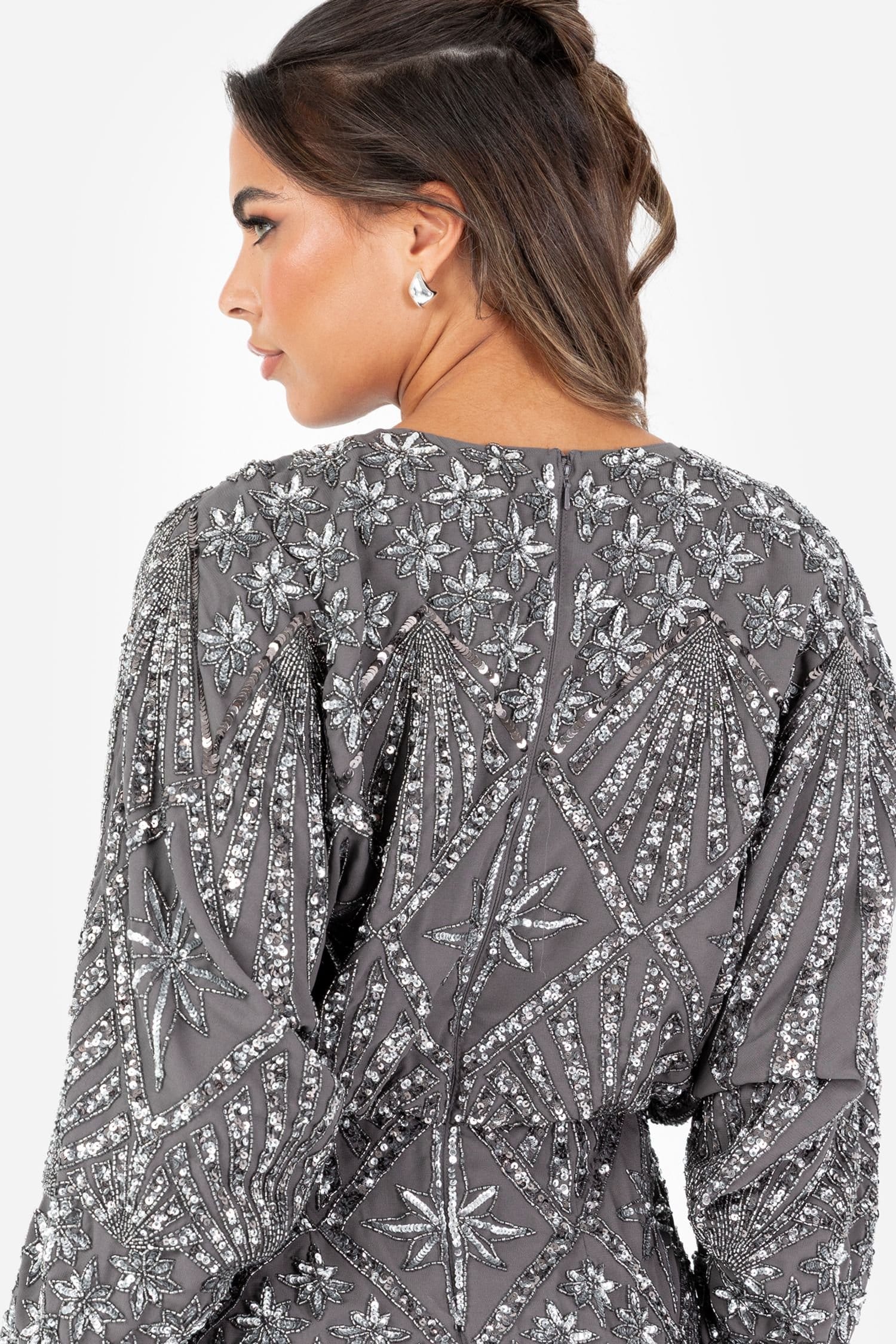Maya Deluxe Maya Deluxe Women's Fully Embellished Long Sleeve Maxi Dress in Grey - 4