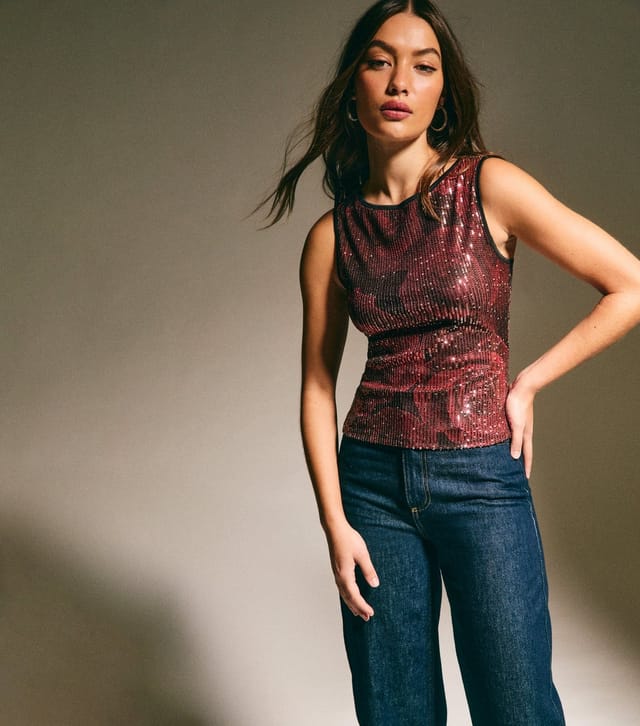 New Look Women's Red Sequin Rose Print Sleeveless Top New Look - 2