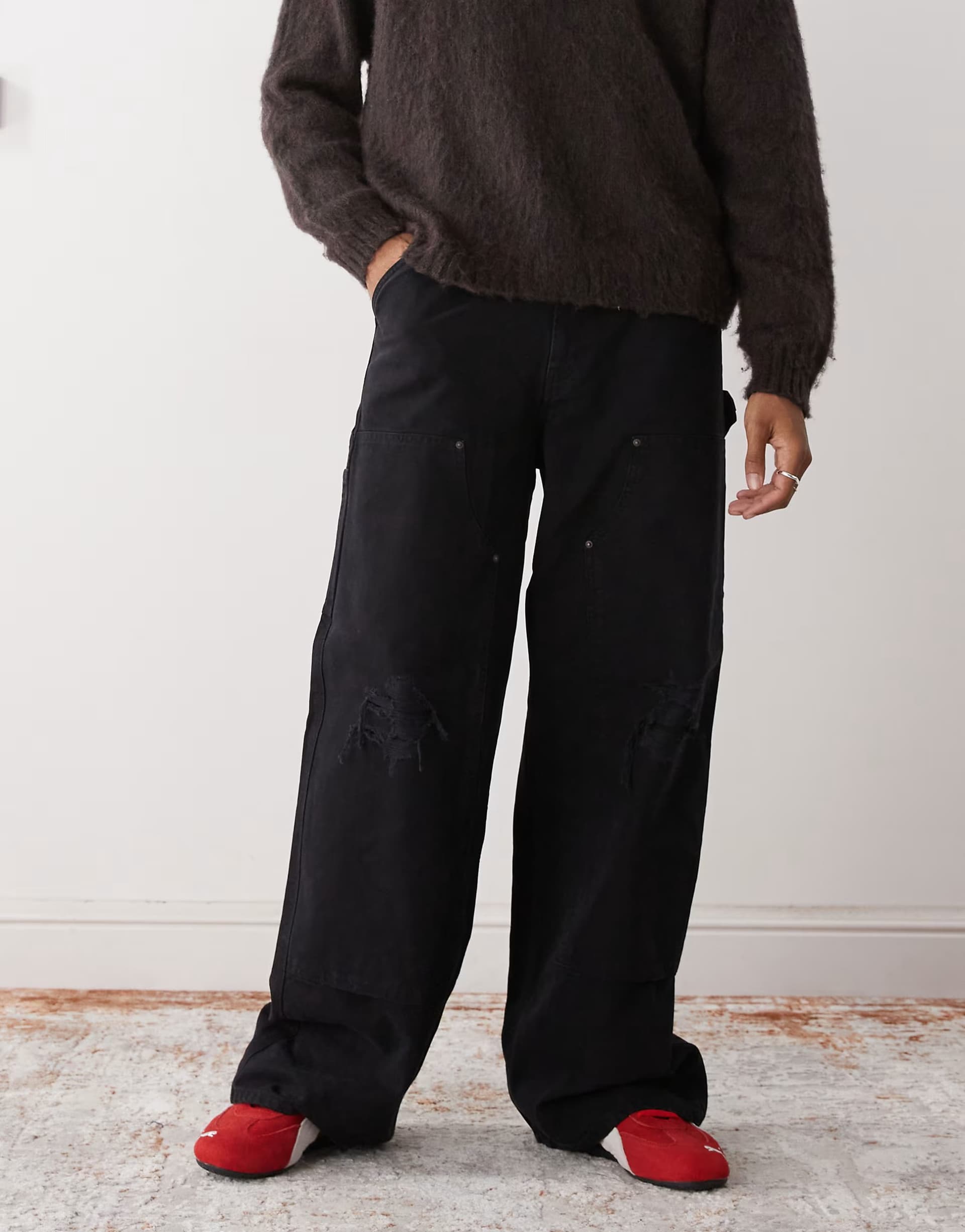 ASOS Weekday oversized canvas workwear trousers in washed black