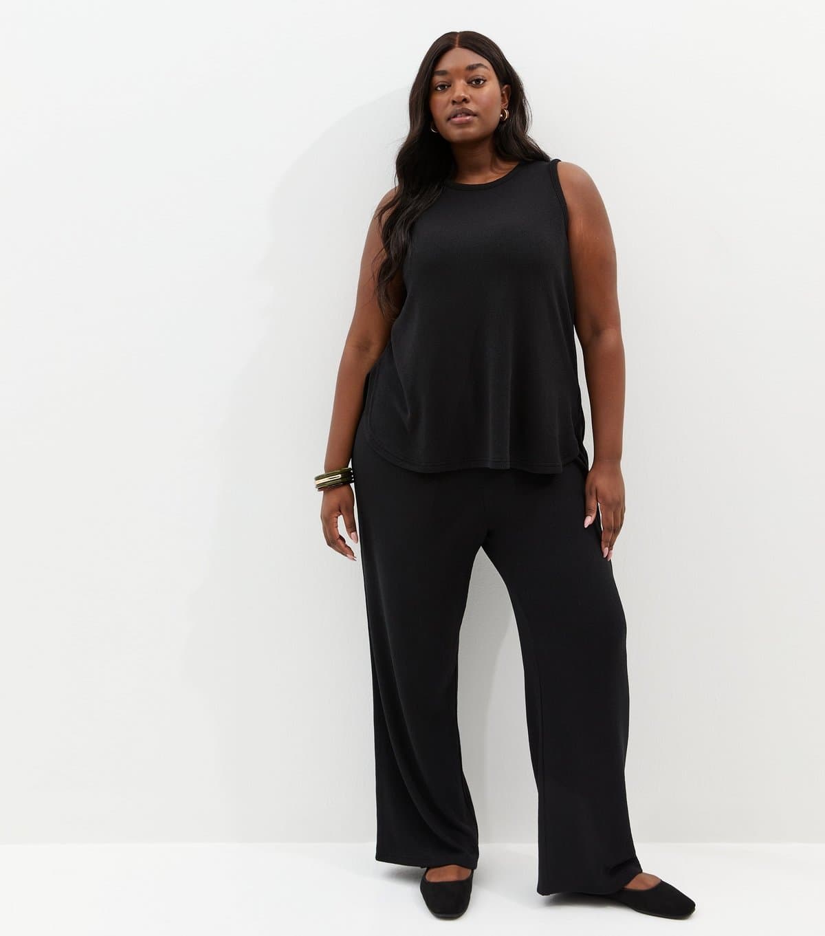 New Look Women's Plus Size Black Textured Wide Leg Trousers Curves New Look