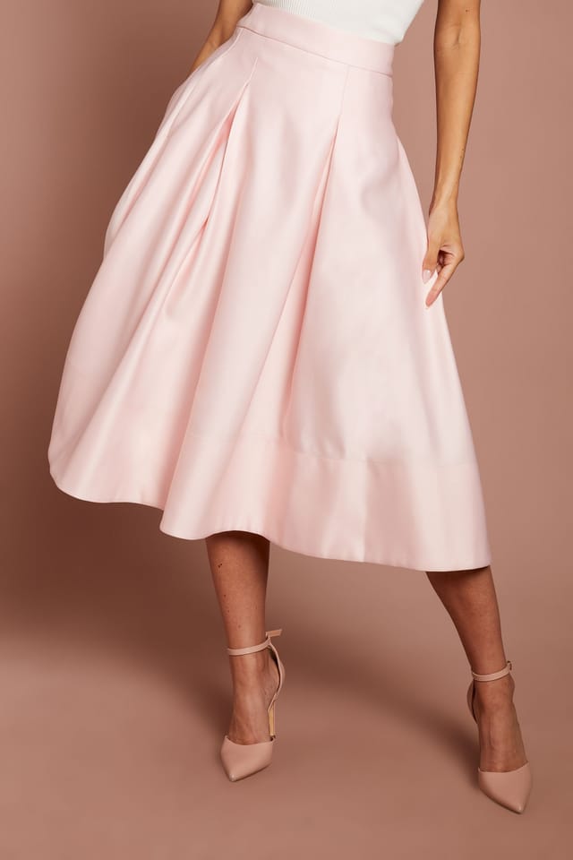 Coast Coast Women's Satin Pleat Front Midi Full Skirt in Blush - 2