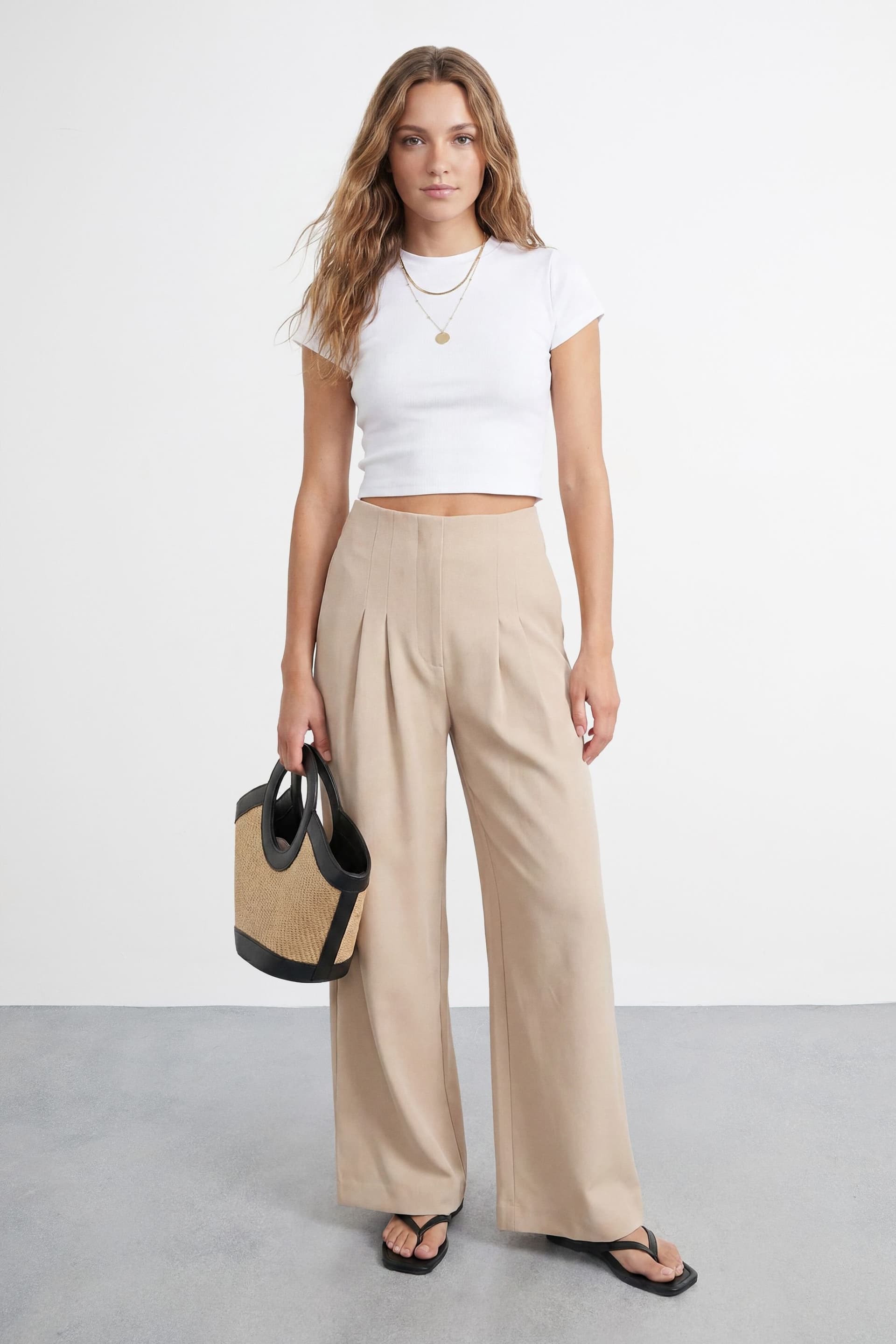 Warehouse Warehouse Women's Extreme High Waisted Wide Leg Pleated Tailored Trousers in Stone