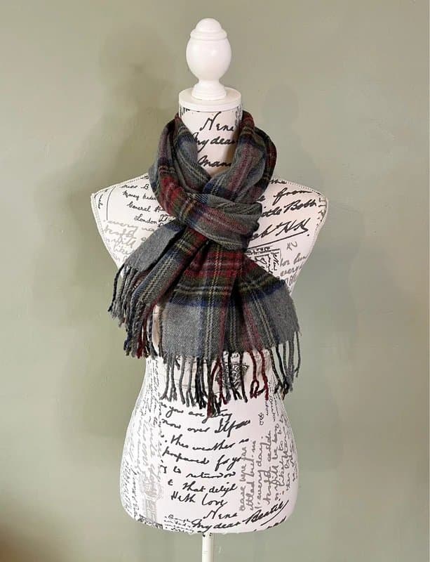 Vintage Checked Tartan Scarf 100% Wool Grey Burgundy & Green 66” Rectangle Vintage VGC