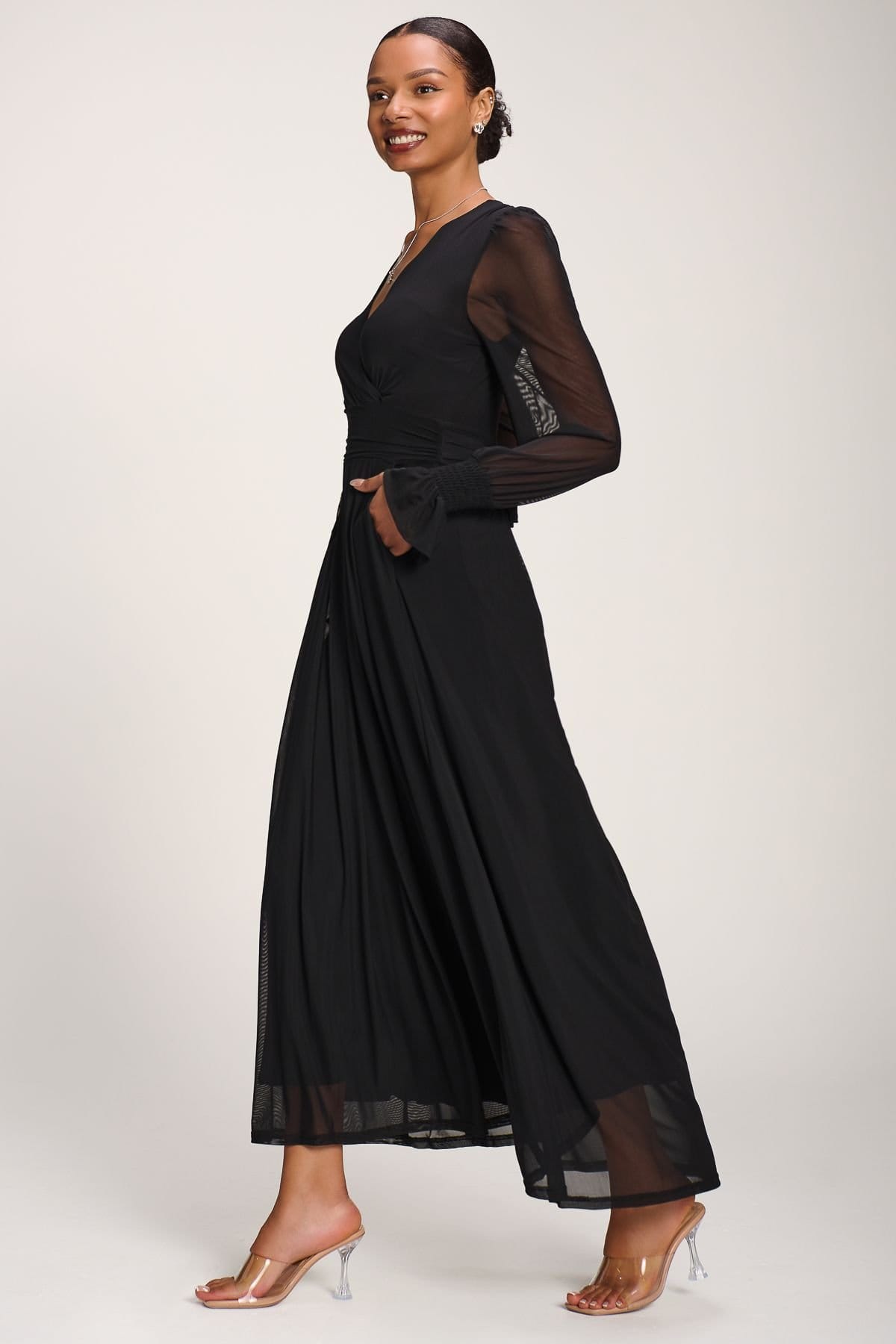 Jolie Moi Jolie Moi Women's Long Sleeve Mesh Maxi Dress in Black - 4