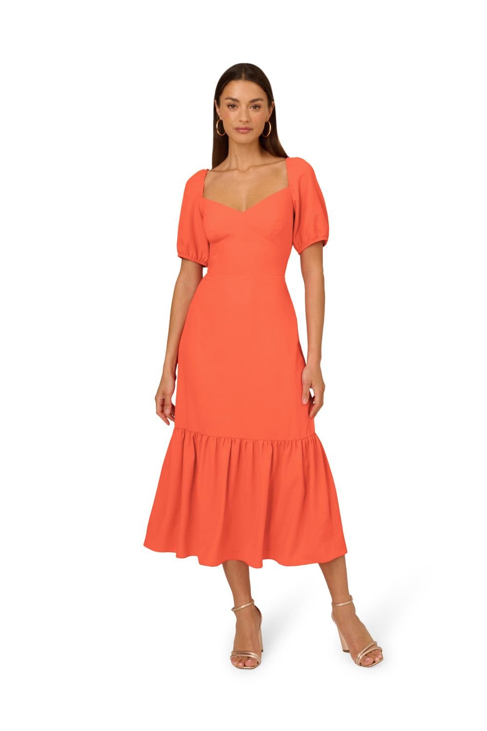 Adrianna Papell Adrianna Papell Women's Puff Sleeve Midi Dress in Orange - 4