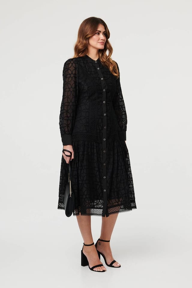 Izabel London Izabel London Women's Embroidered Lace Long Sleeve Midi Dress in Black - 3