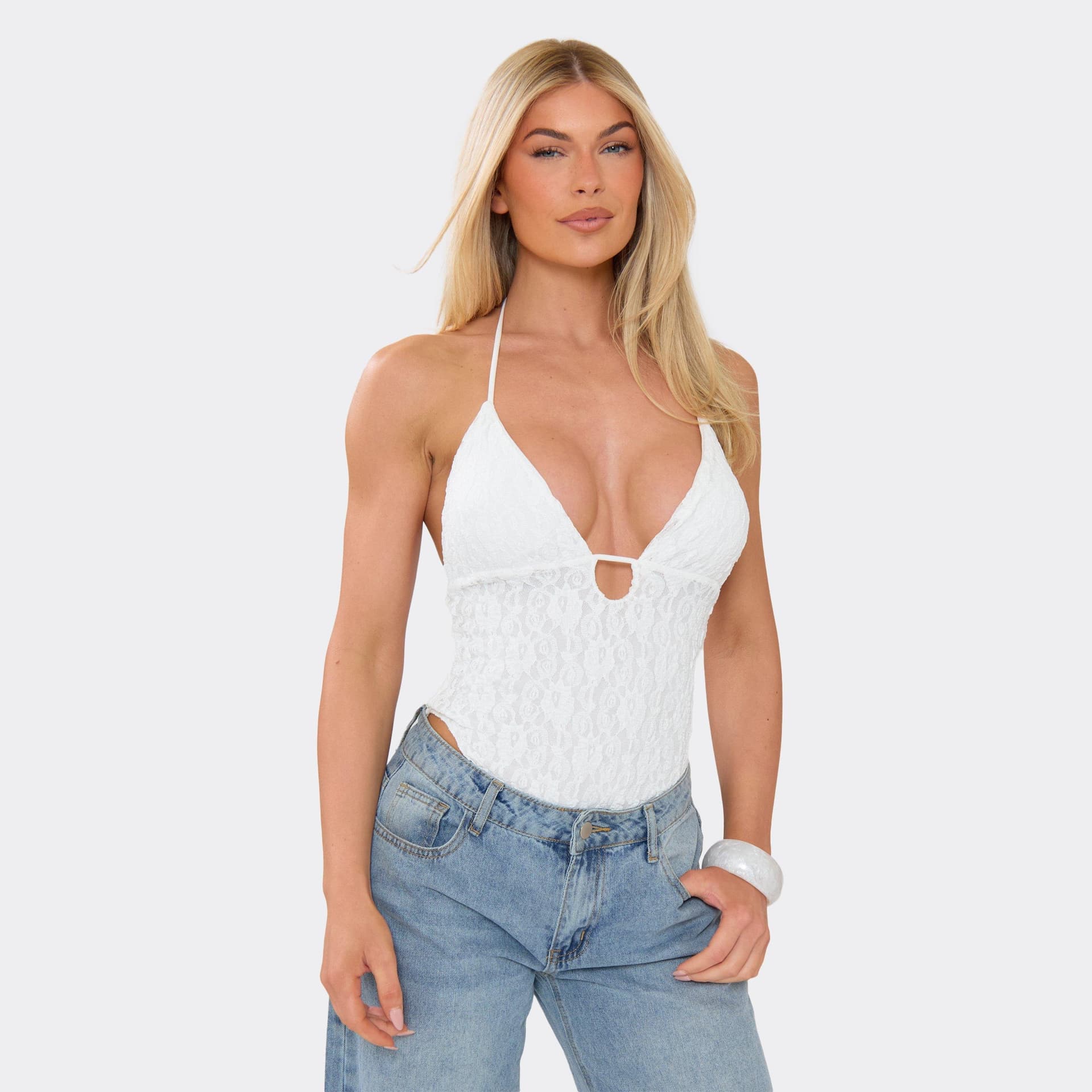 EGO Plunge Halterneck Bodysuit In White Lace, Women's Size UK L