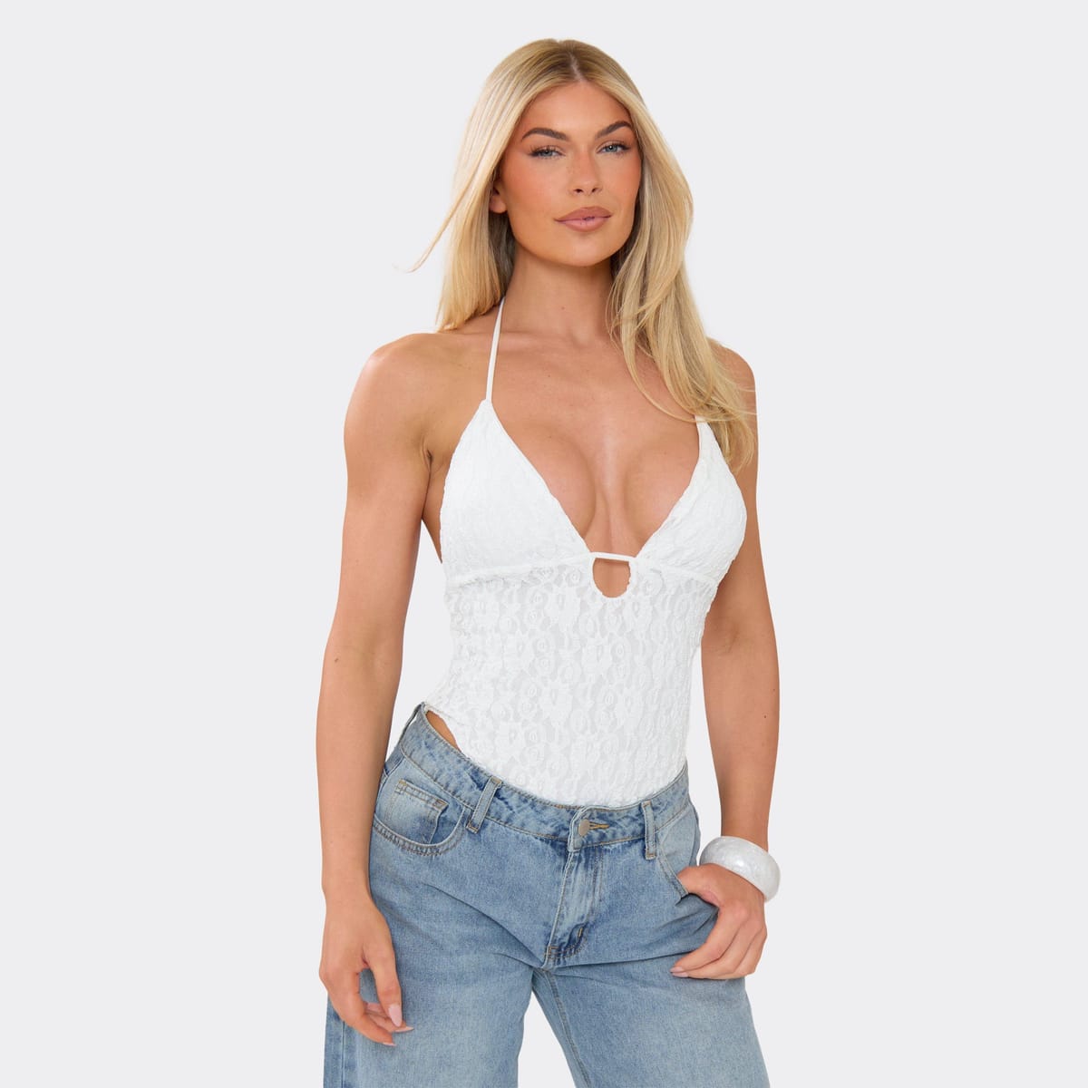 EGO Plunge Halterneck Bodysuit In White Lace, Women's Size UK L - 1