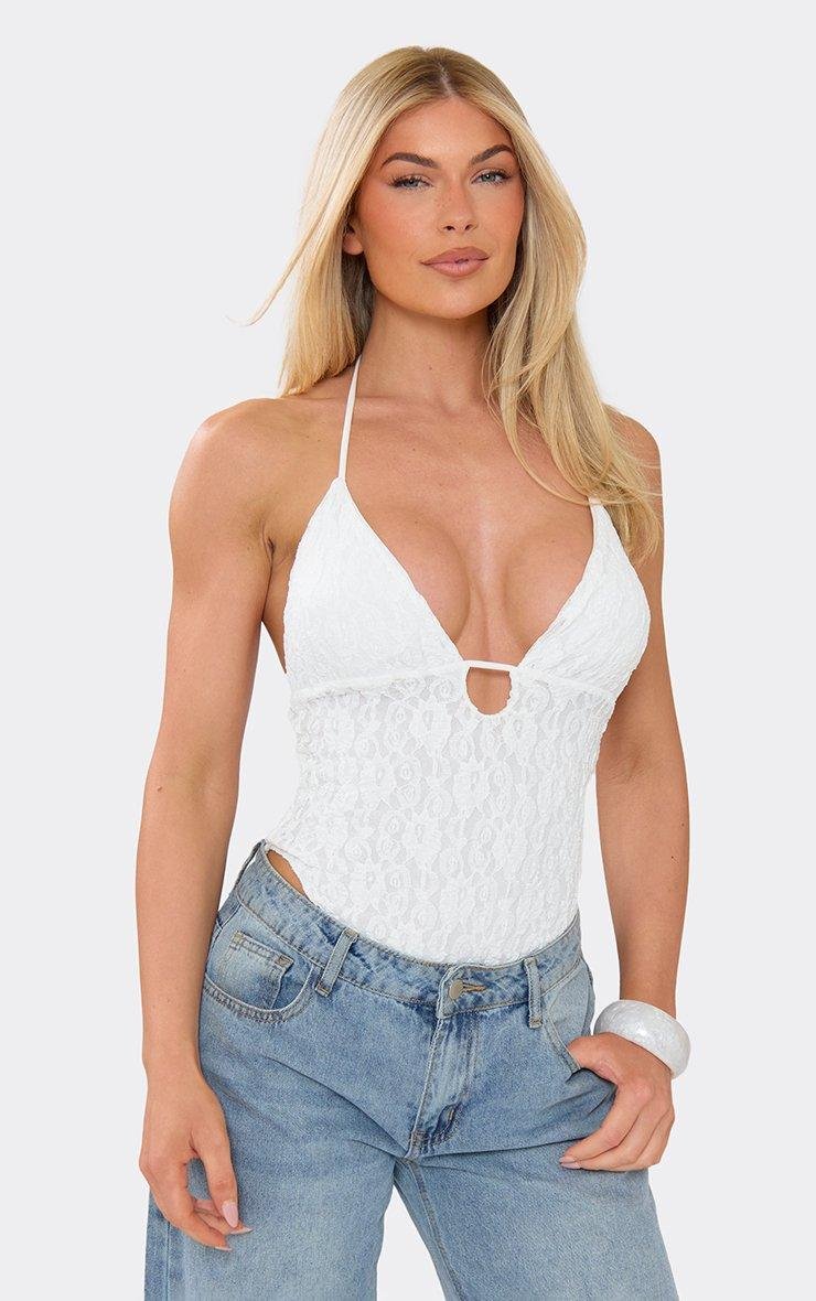EGO Plunge Halterneck Bodysuit In White Lace, Women's Size UK L - 2