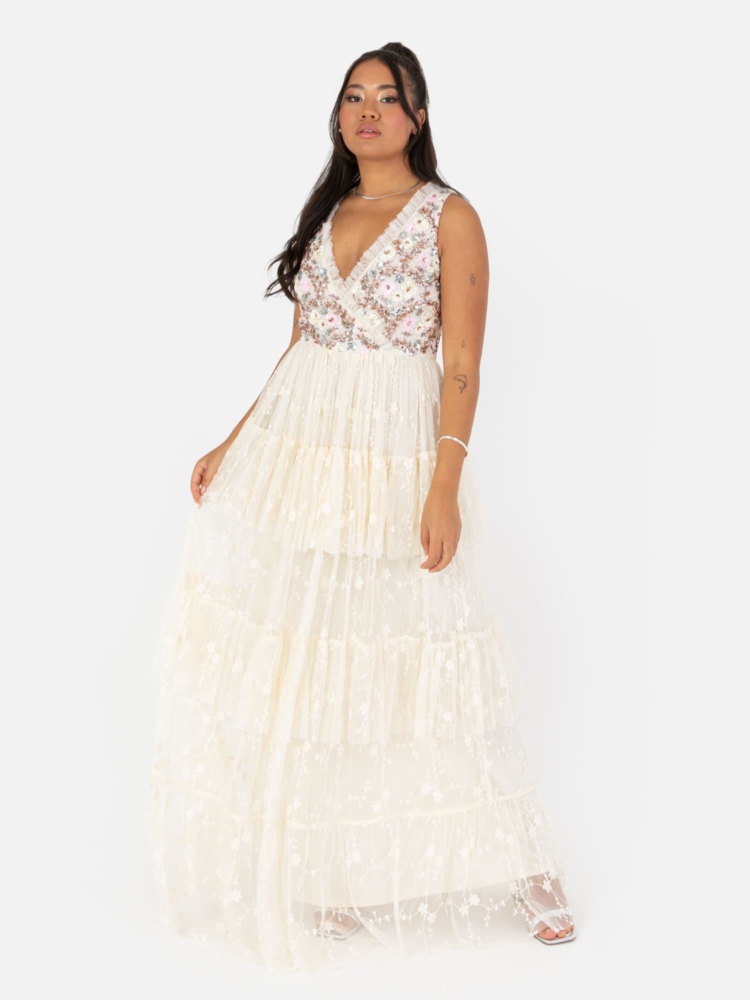 Maya Deluxe Maya Deluxe Women's Floral Embellished Tiered Maxi Dress in Nude