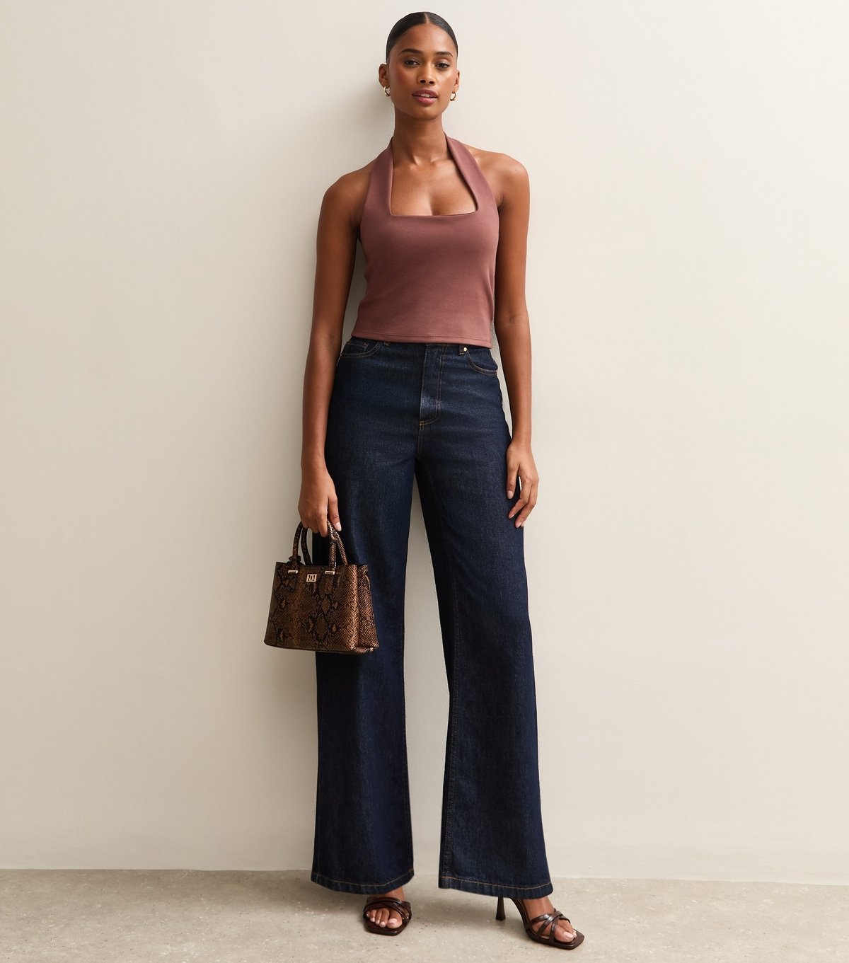 New Look Women's Dark Brown Soft Touch Ponte Halter Top New Look - 3