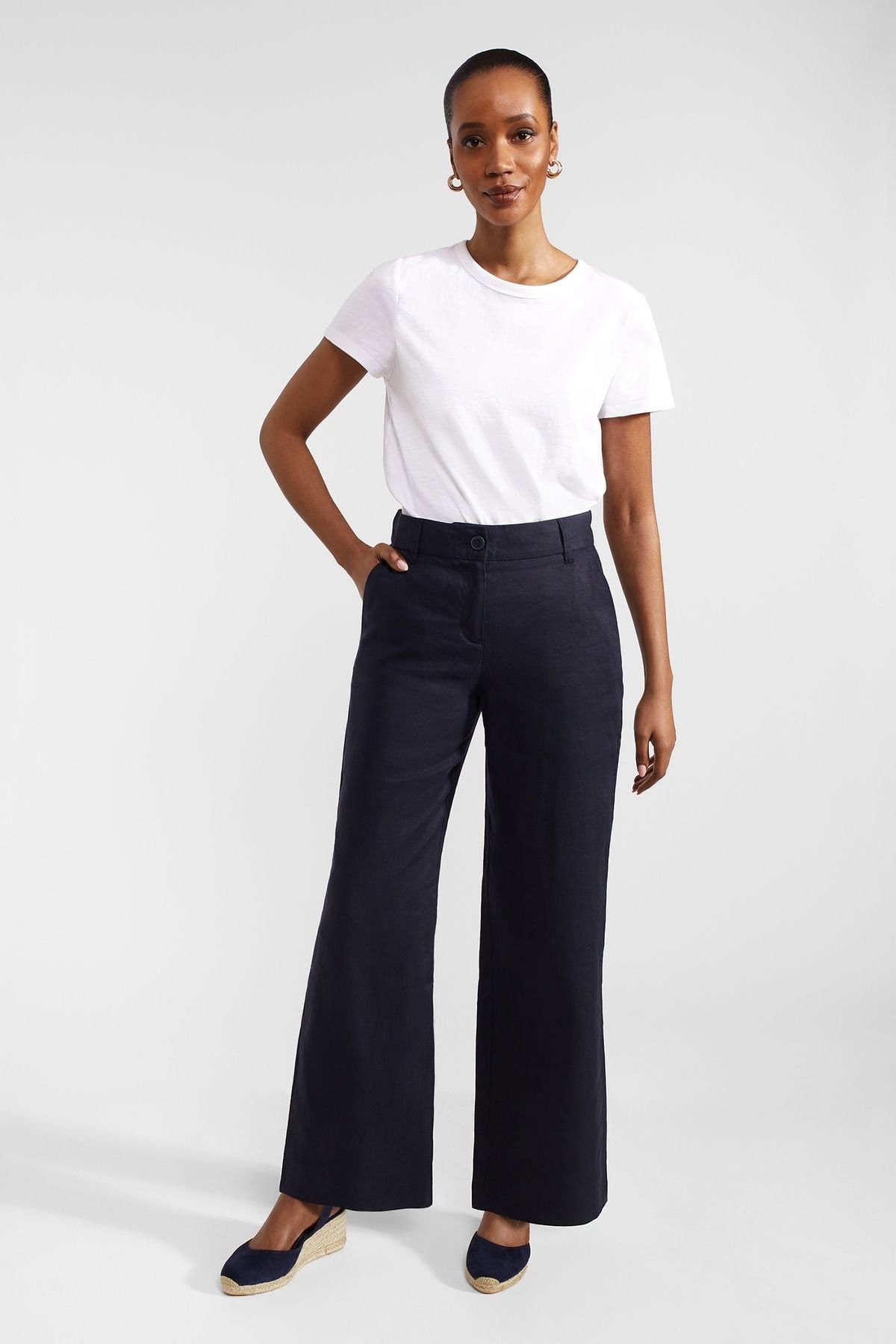 Hobbs London Dark Navy Linen Wide-Leg Trouser