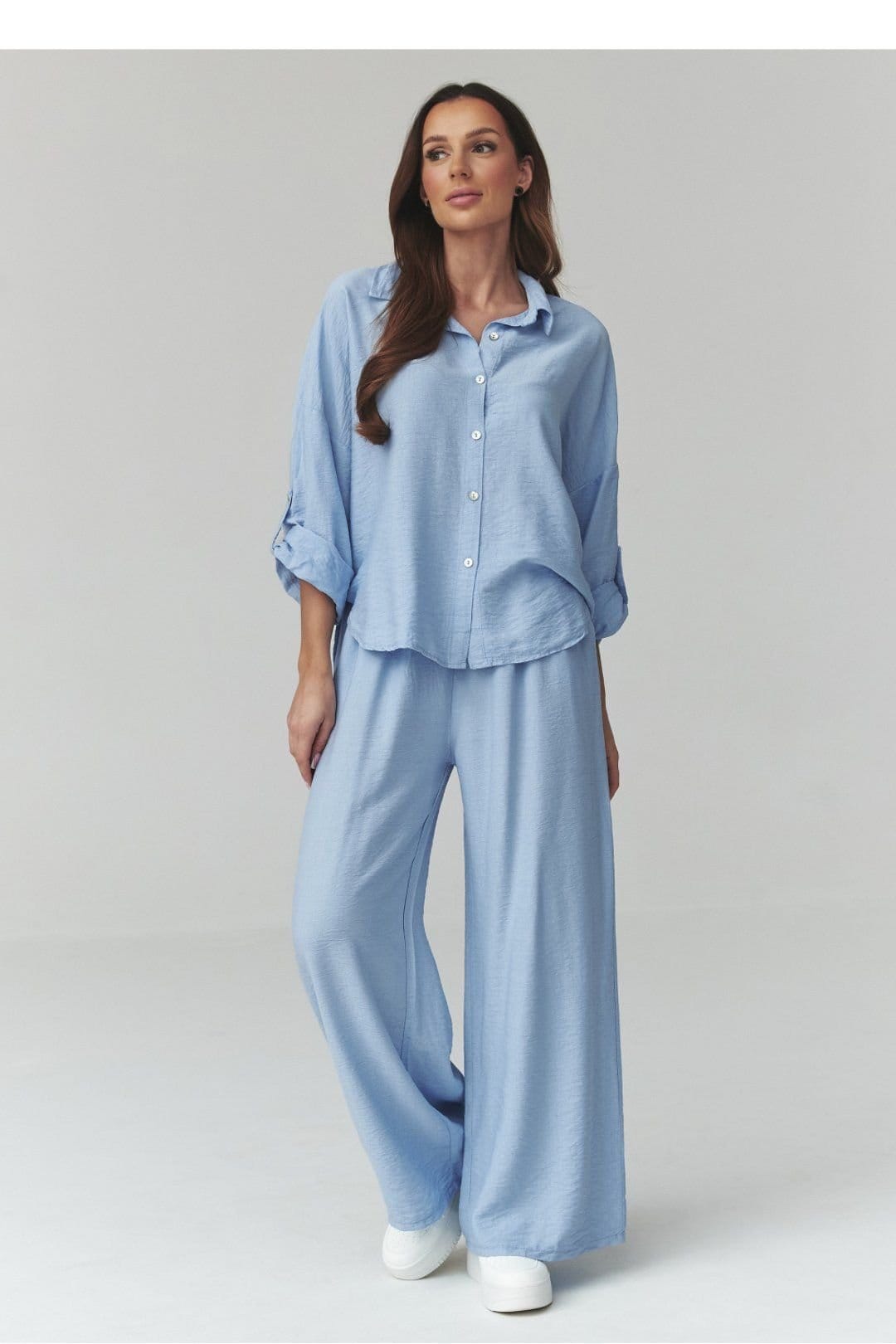 Love Lace Blue Lightweight Button Shirt Wide Trousers Set