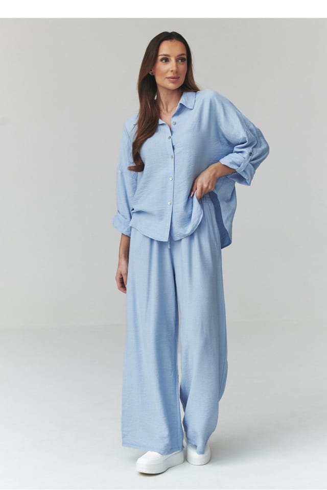 Love Lace Love Lace Women's Italian Lightweight Button Shirt Wide Trousers Set in Blue - 2