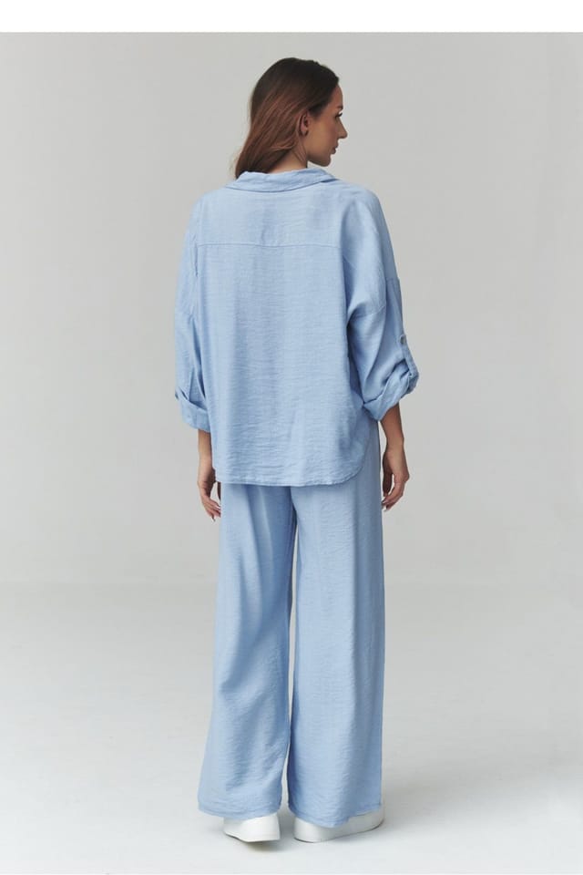 Love Lace Love Lace Women's Italian Lightweight Button Shirt Wide Trousers Set in Blue - 3