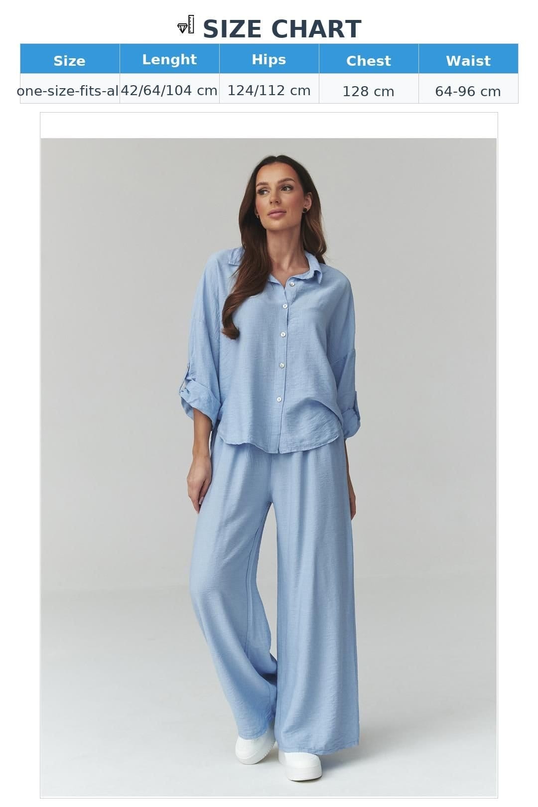 Love Lace Love Lace Women's Italian Lightweight Button Shirt Wide Trousers Set in Blue - 4