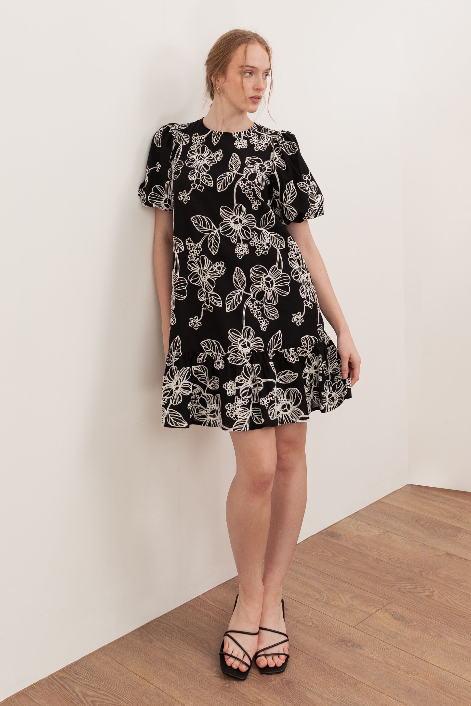 Lovedrobe Lovedrobe Women's Embroidered Short Sleeve Swing Mini Dress in Black