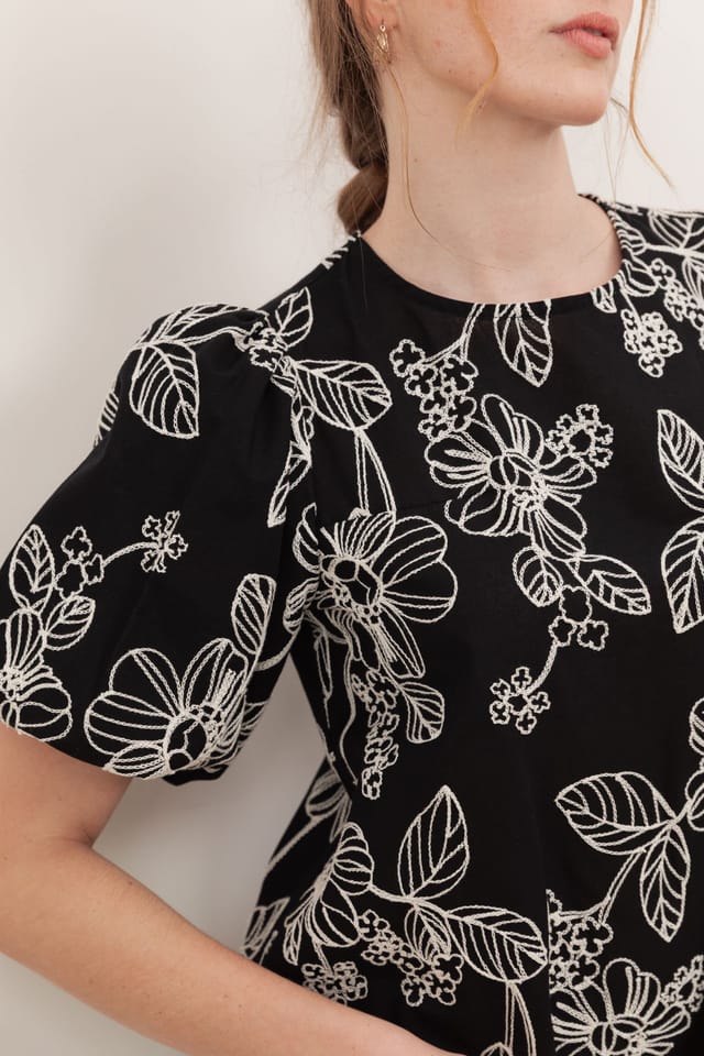 Lovedrobe Lovedrobe Women's Embroidered Short Sleeve Swing Mini Dress in Black - 3