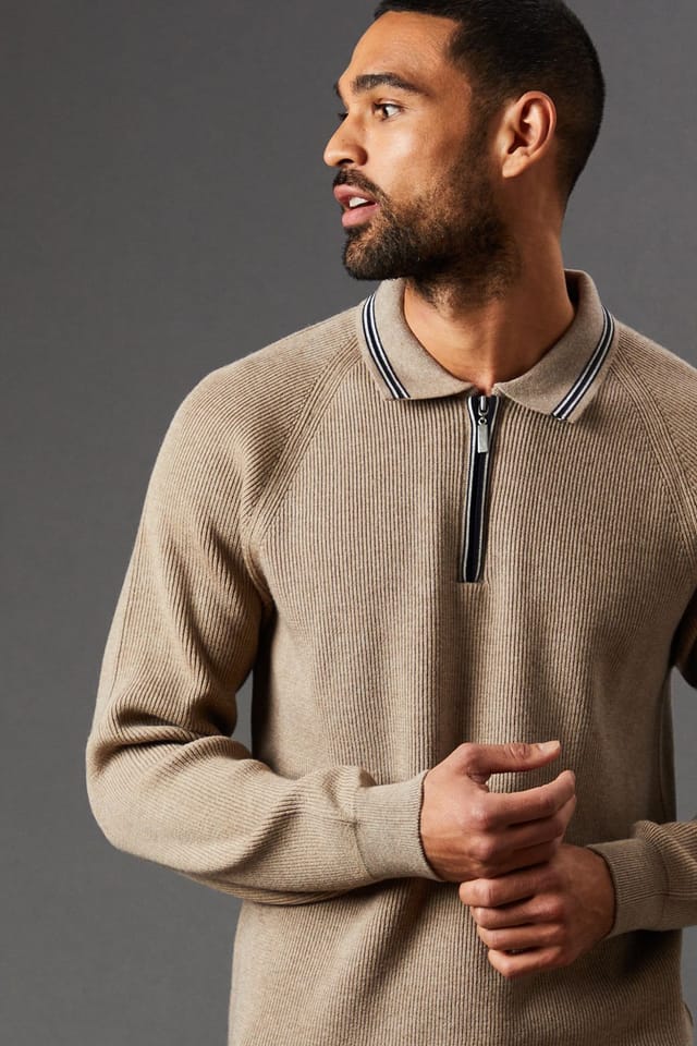 Burton Burton Men's Fine Gauge Long Sleeve Zip Neck Knitted Polo in Natural - 2