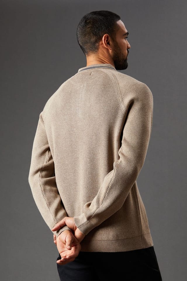 Burton Burton Men's Fine Gauge Long Sleeve Zip Neck Knitted Polo in Natural - 3