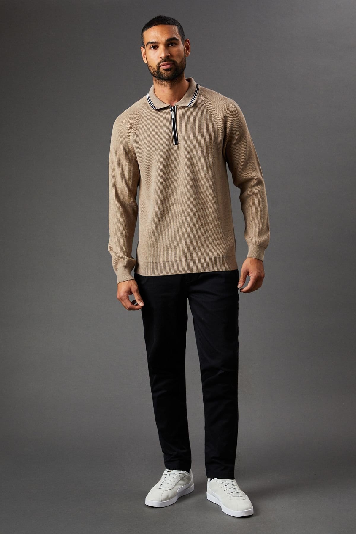 Burton Burton Men's Fine Gauge Long Sleeve Zip Neck Knitted Polo in Natural - 4