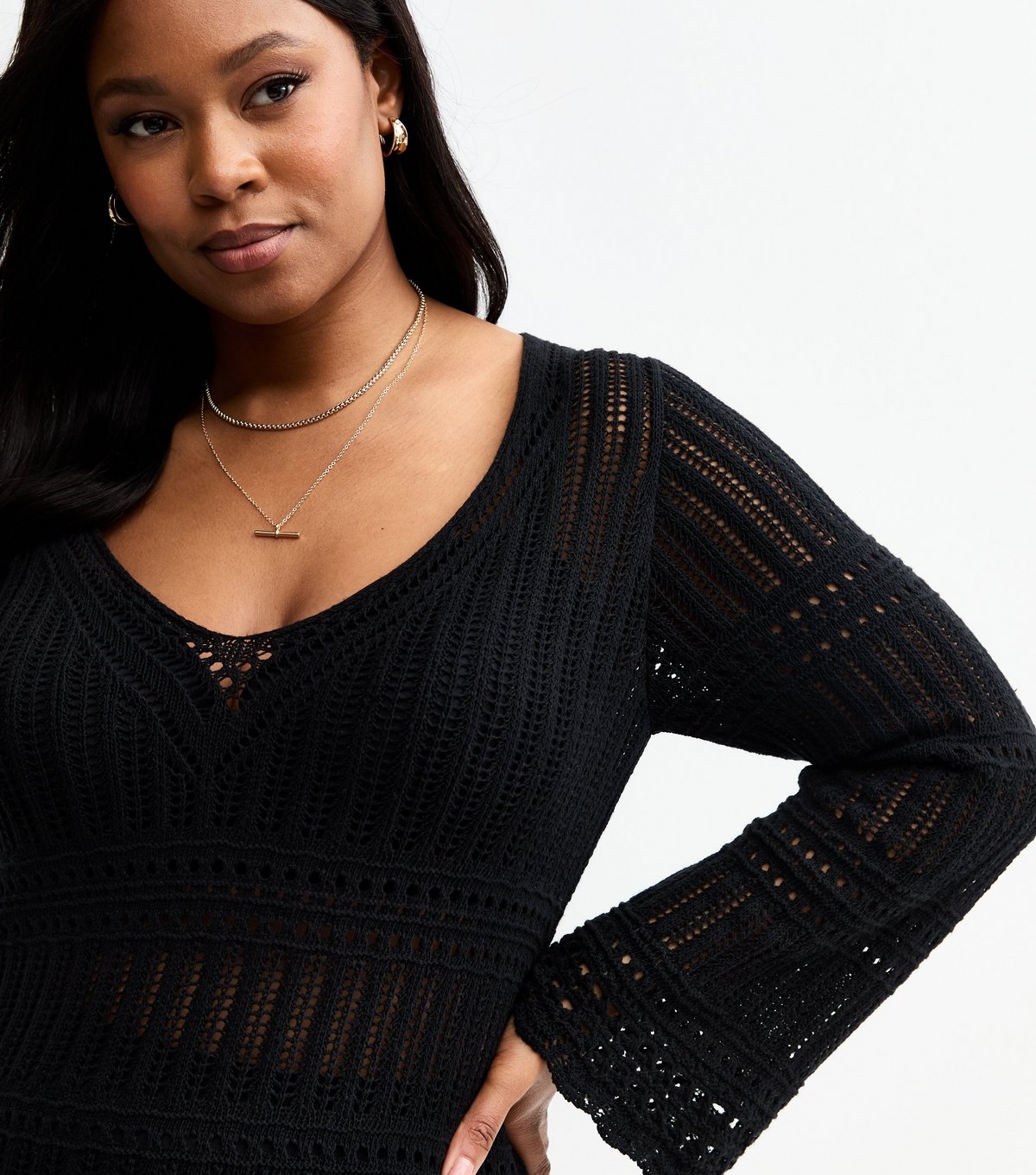 New Look Women's Plus Size Black V-Neck Pointelle Kaftan Curves New Look - 2