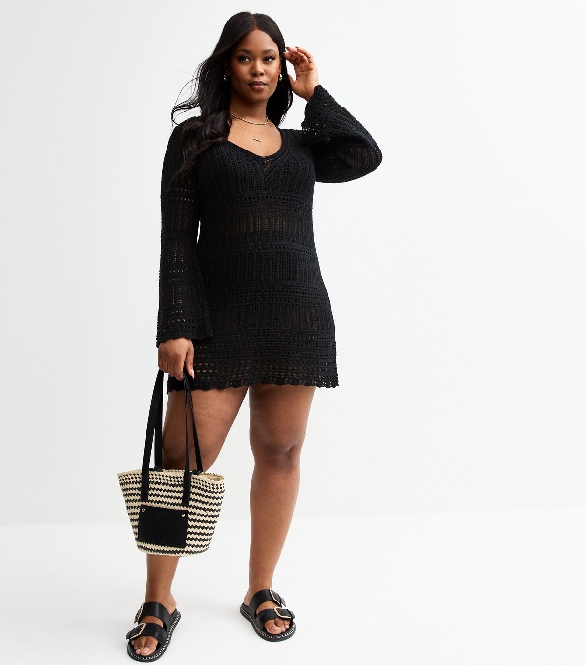 New Look Women's Plus Size Black V-Neck Pointelle Kaftan Curves New Look - 3