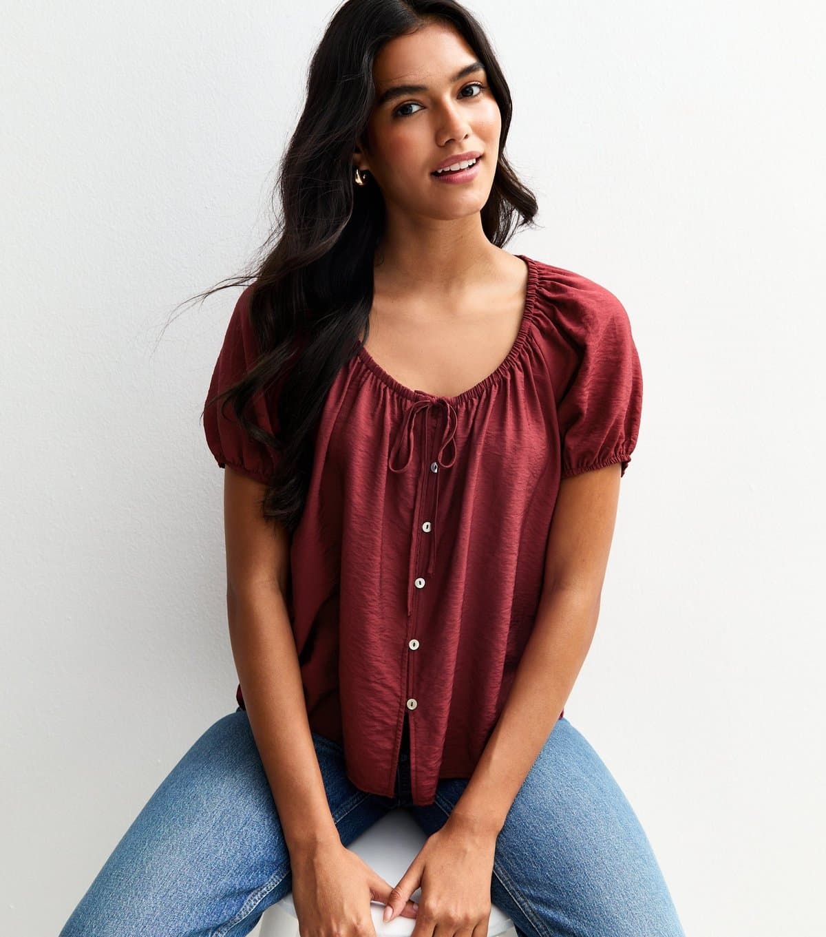 New Look New Look Burgundy Crinkle Woven Puff Sleeve Top