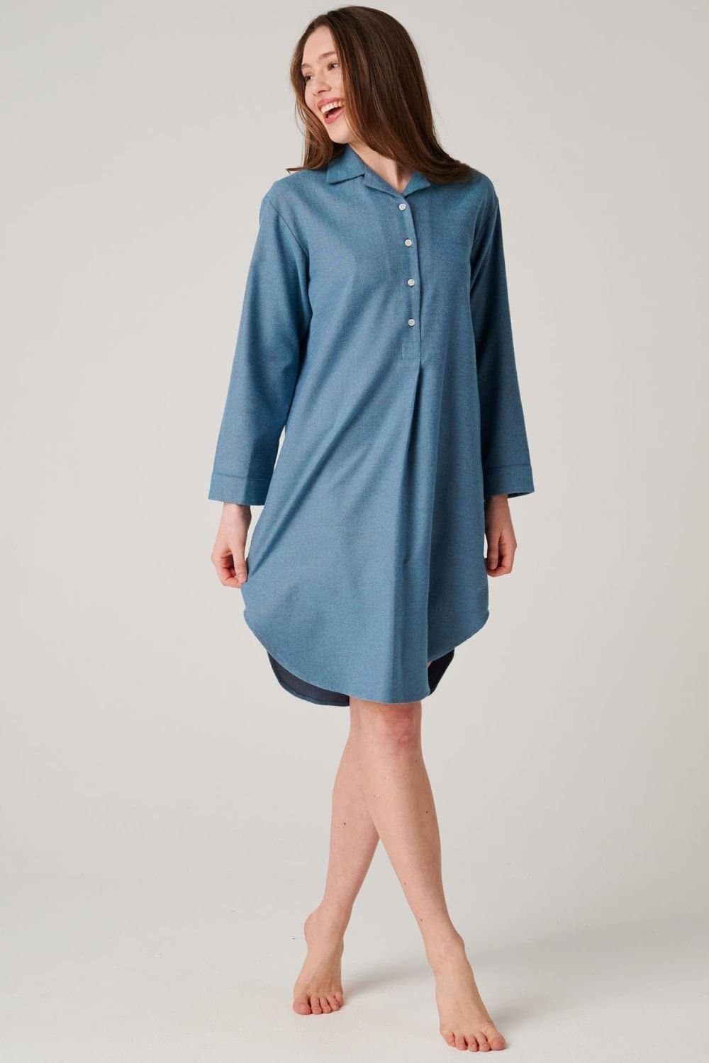 British Boxers British Boxers Women's "Stornoway" Herringbone Brushed Cotton Nightshirt in Teal
