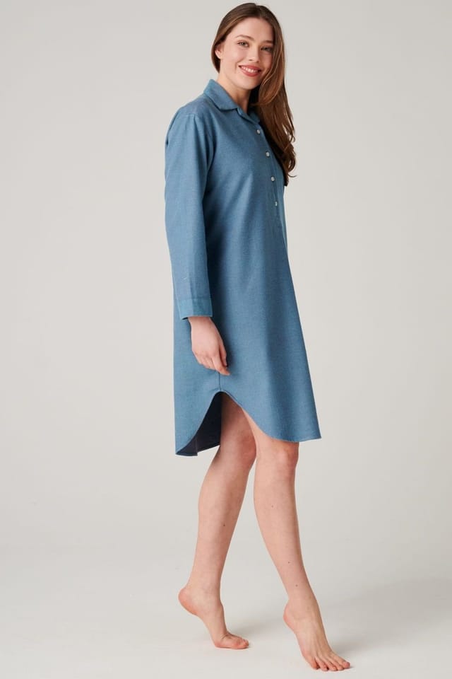 British Boxers British Boxers Women's "Stornoway" Herringbone Brushed Cotton Nightshirt in Teal - 2