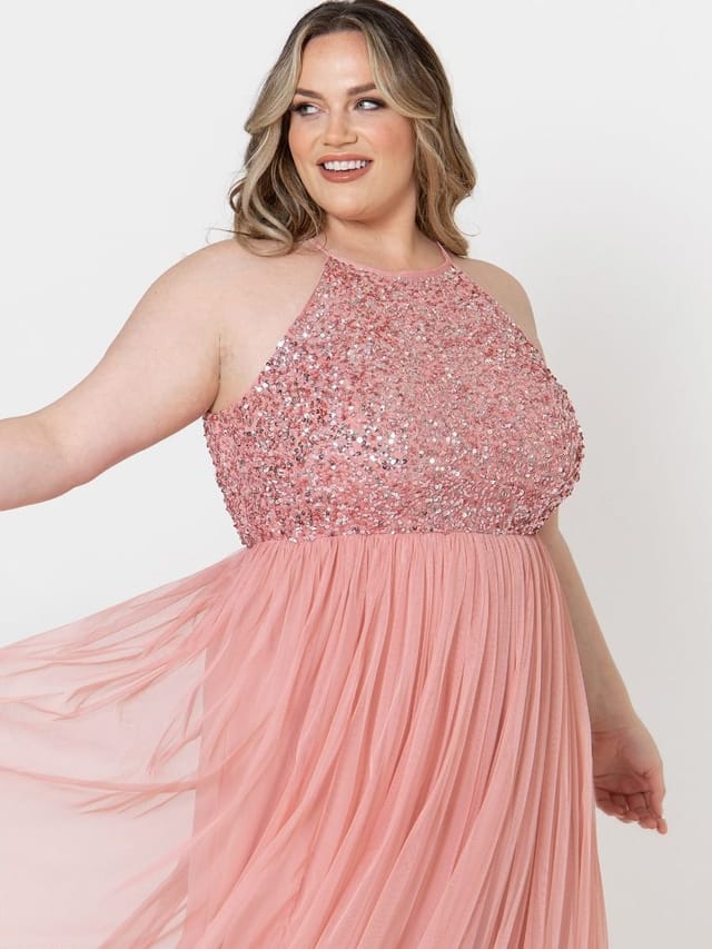 Maya Deluxe Maya Deluxe Women's Embellished Halter Neck Maxi Dress in Bright Pink - 2