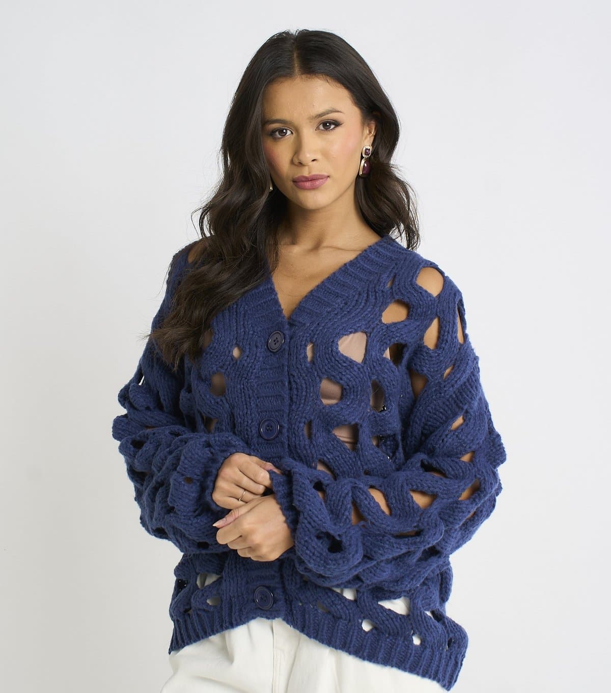 Gini London Women's Navy Hollow Chunky Knit Cardigan Gini London New Look